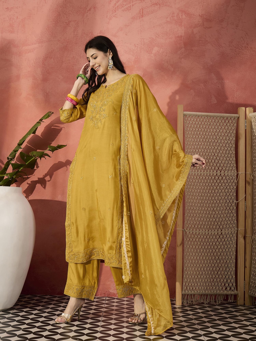 

Ramas Floral Embroidered Sequinned Straight Kurta With Palazzos & Dupatta, Mustard