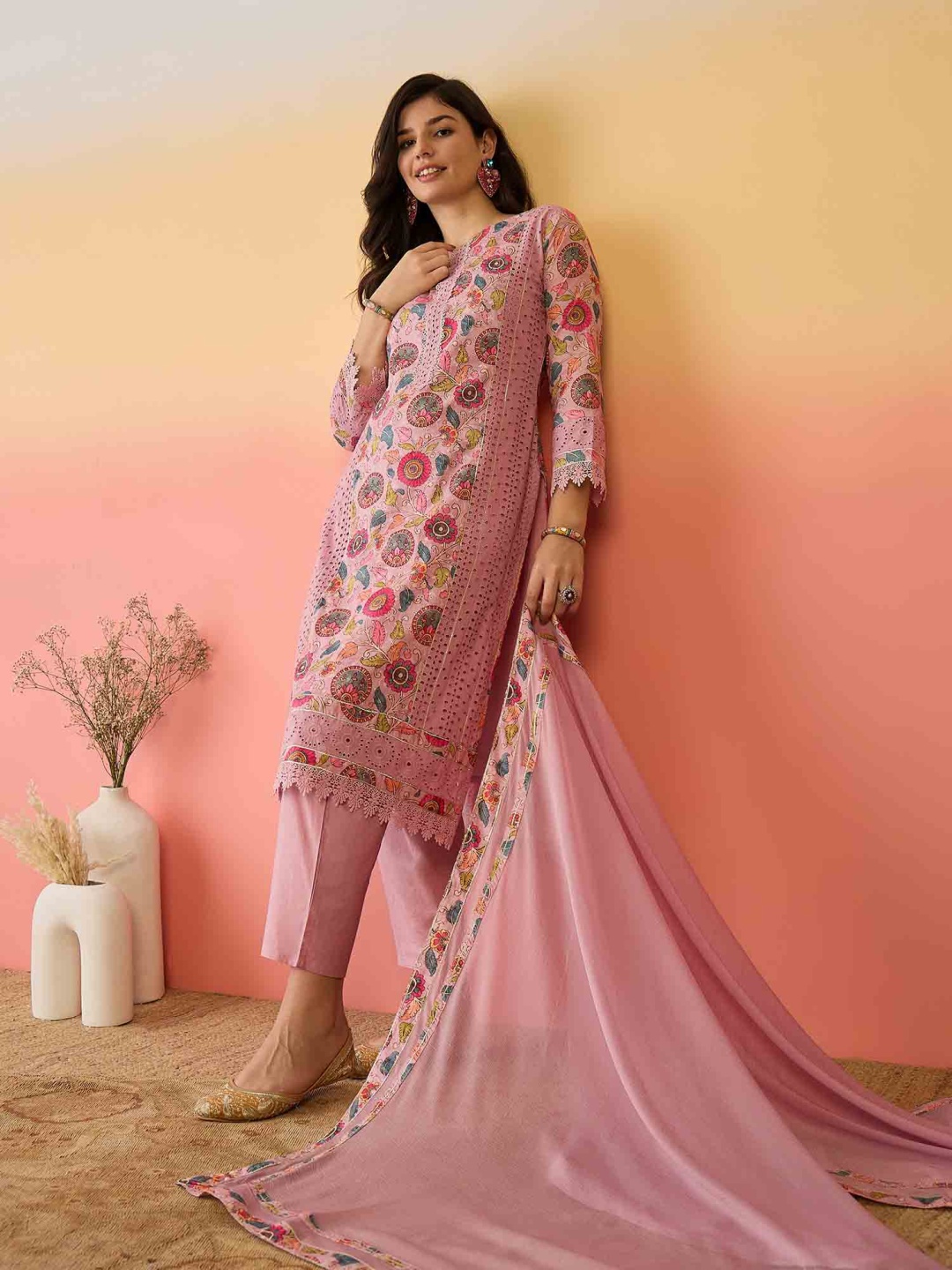 

Sangria Pink Floral Printed Schiffli Embroidered Cotton Kurta With Trouser And Dupatta