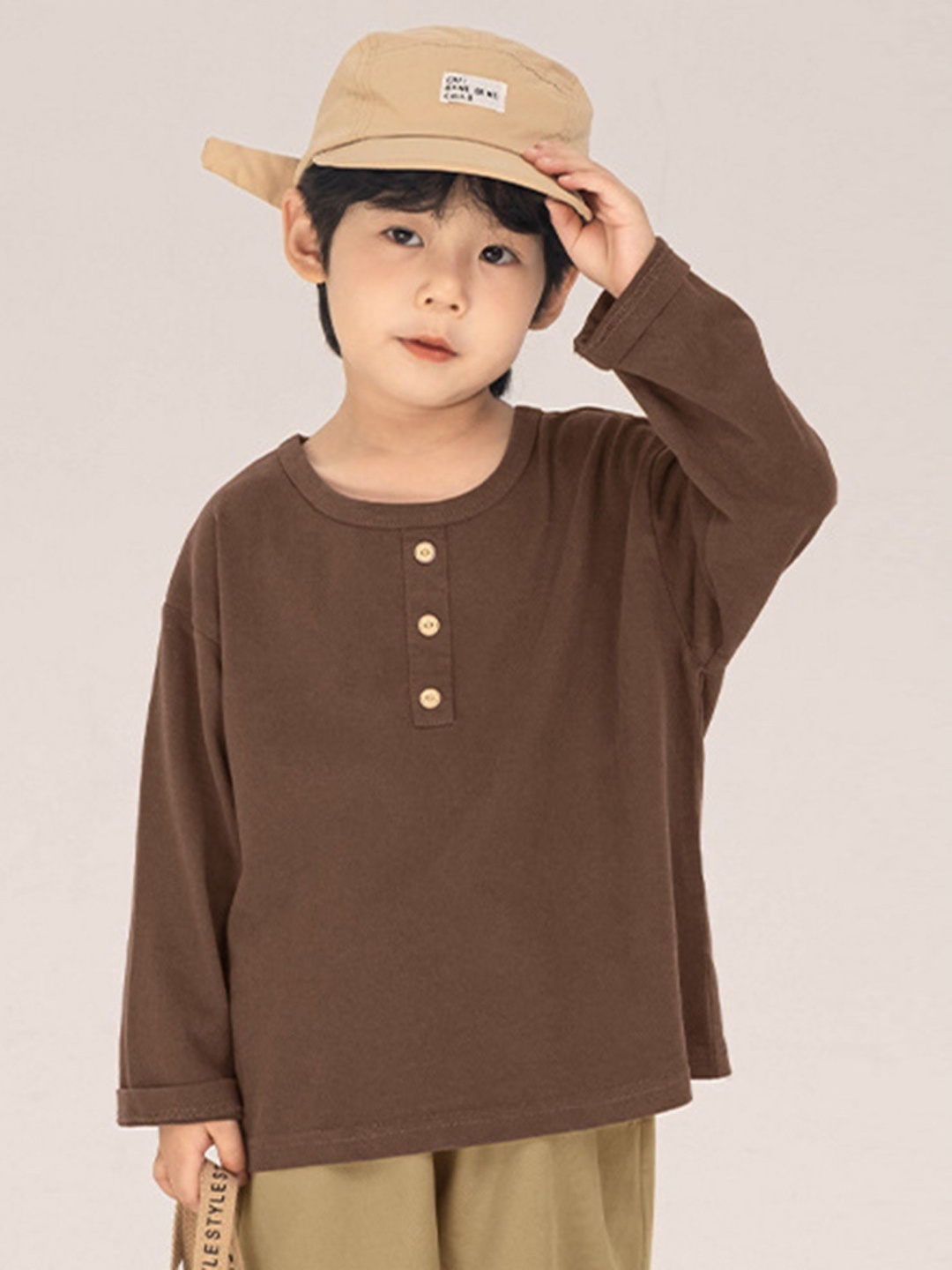 

LULU & SKY Boys Henley Neck Extended Sleeves Pockets T-shirt, Brown