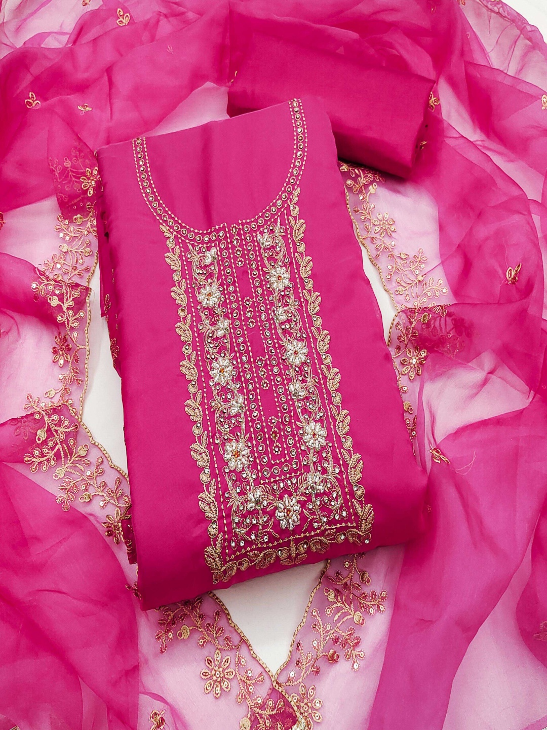

HERE&NOW Embroidered Organza Unstitched Dress Material, Pink