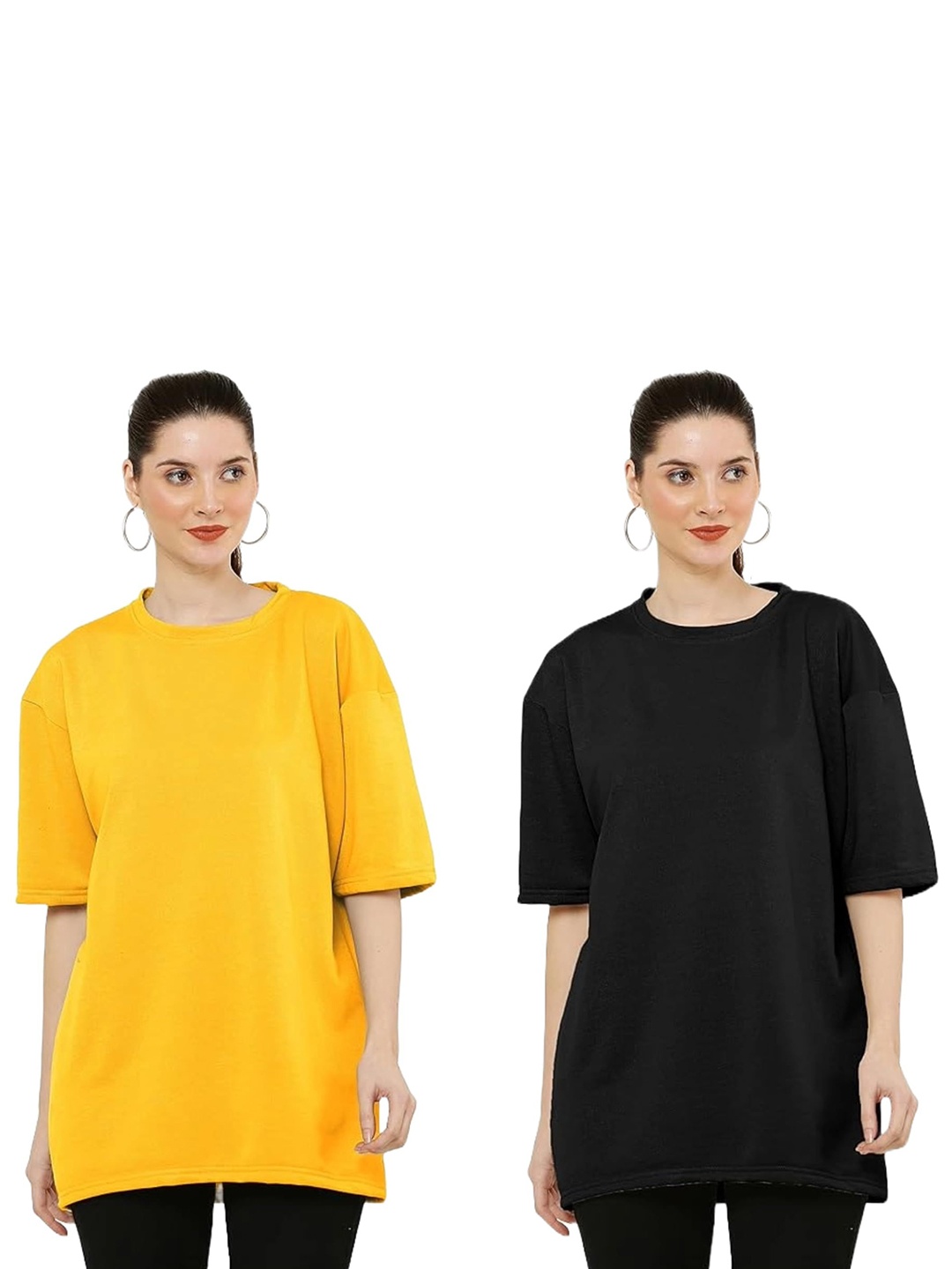 

NOTWILD Women Pack Of 2 Solid Round Neck Cotton Oversized T-shirts, Yellow