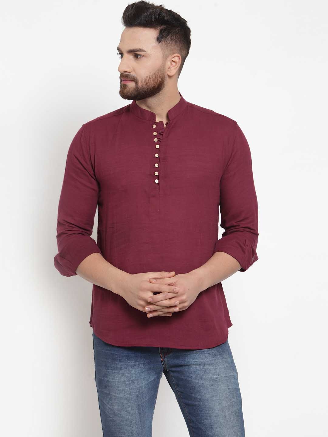 

Moda Rapido Solid Woven Design Mandarin Collar Cotton Straight Kurta, Maroon