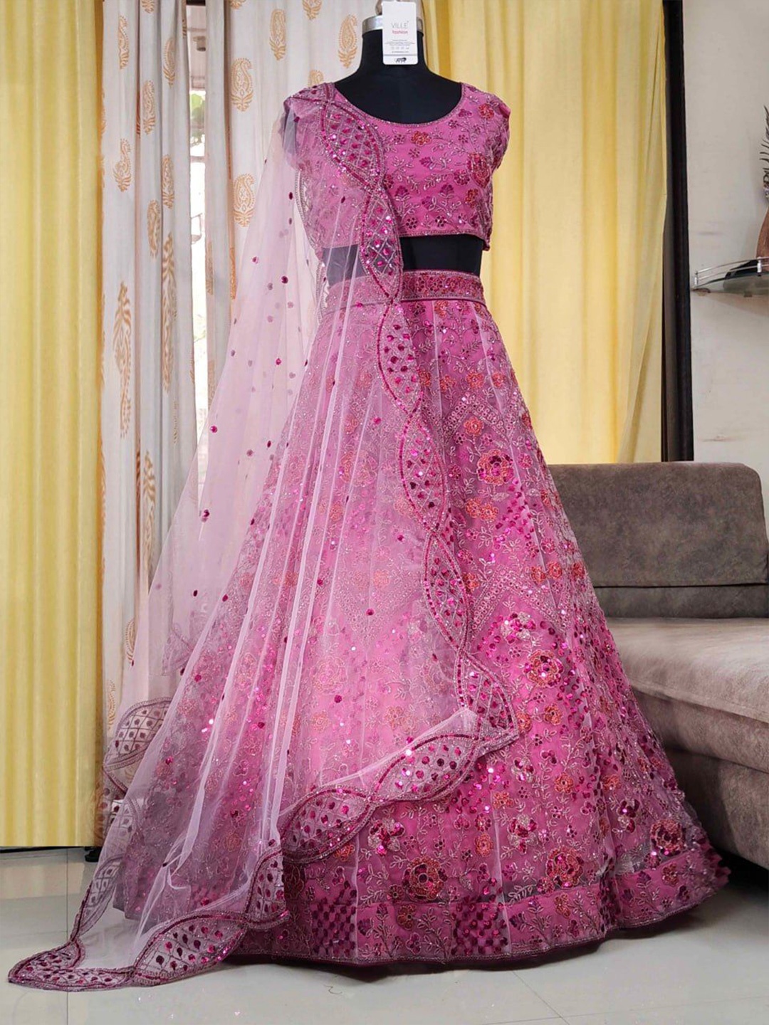 

VILLE FASHION Embroidered Sequinned Semi-Stitched Lehenga & Unstitched Blouse With Dupatta, Pink