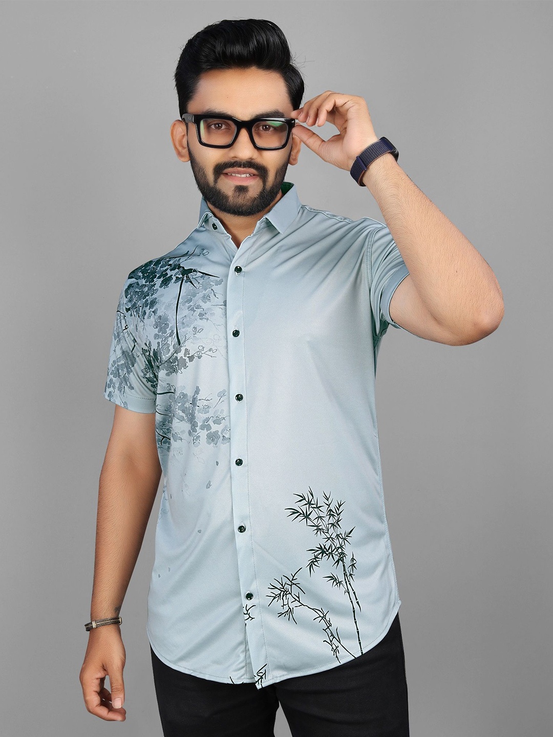 

Fashion FRICKS Men Classic Floral Opaque Printed Casual Shirt, Grey