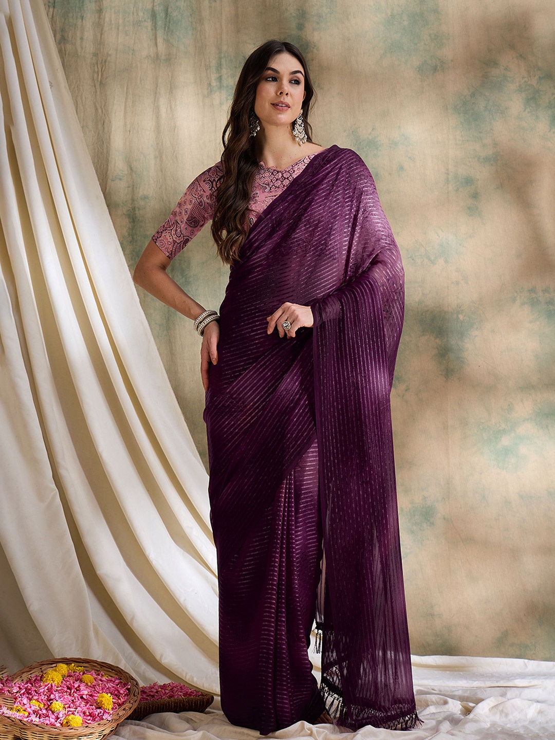 

Maroosh Striped Beads and Stones Saree, Burgundy