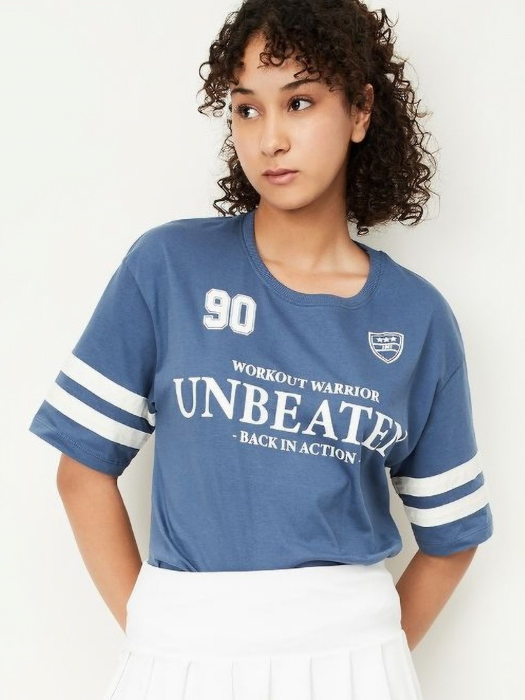 

max Women Typography Printed Round Neck Cotton T-shirt, Blue