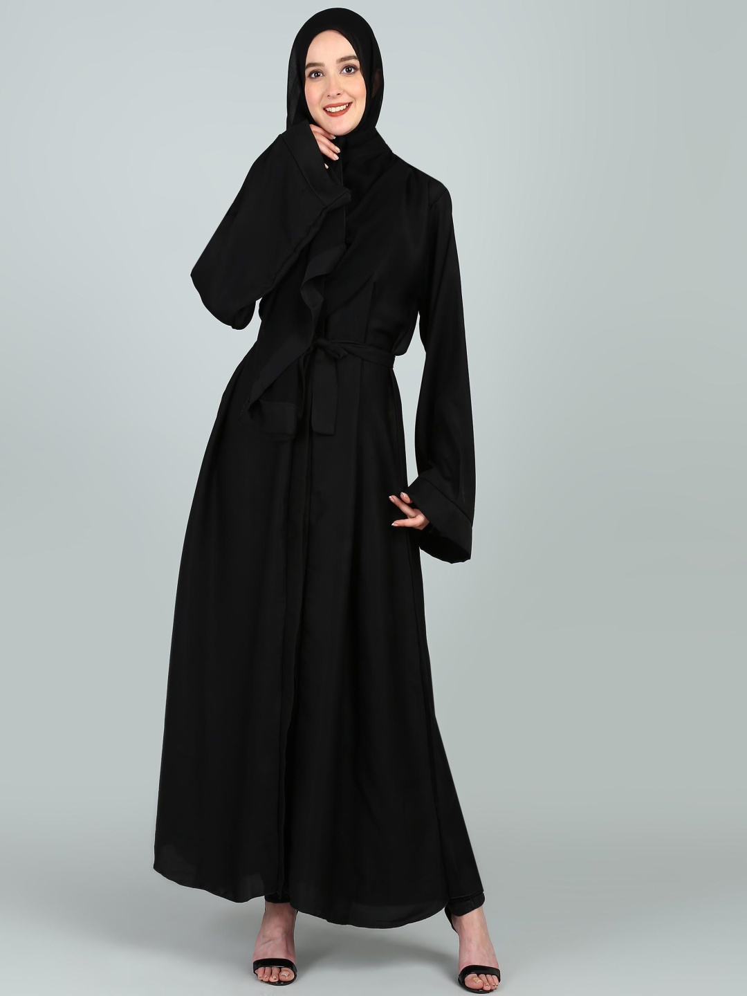 

BROKE BRAND Front Open Abaya With Belt, Black