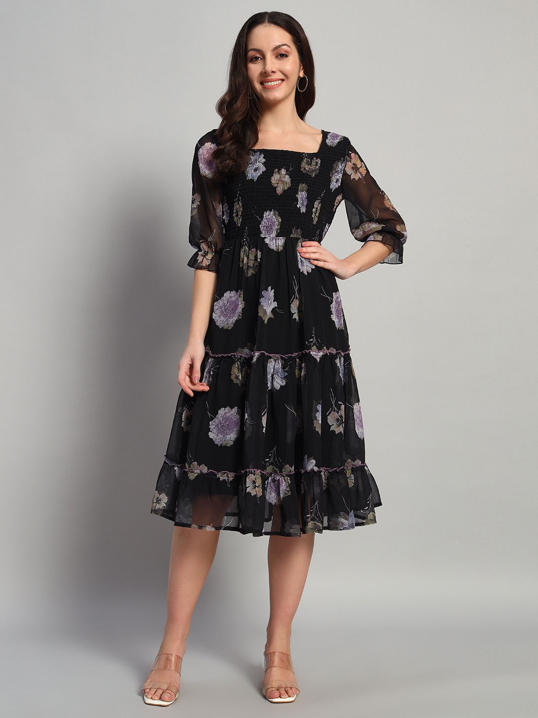 

WISSTLER Women Floral Print Puff Sleeve Fit & Flare Midi Dress, Black