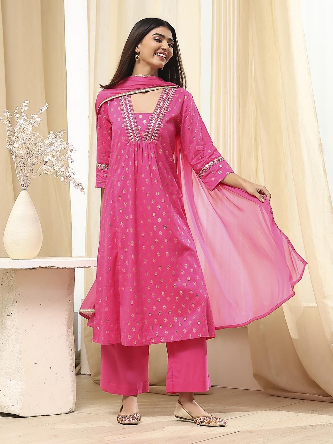 

Biba Women Floral Printed Regular Thread Work Pure Cotton Kurta with Palazzos & With Dupatta, Pink