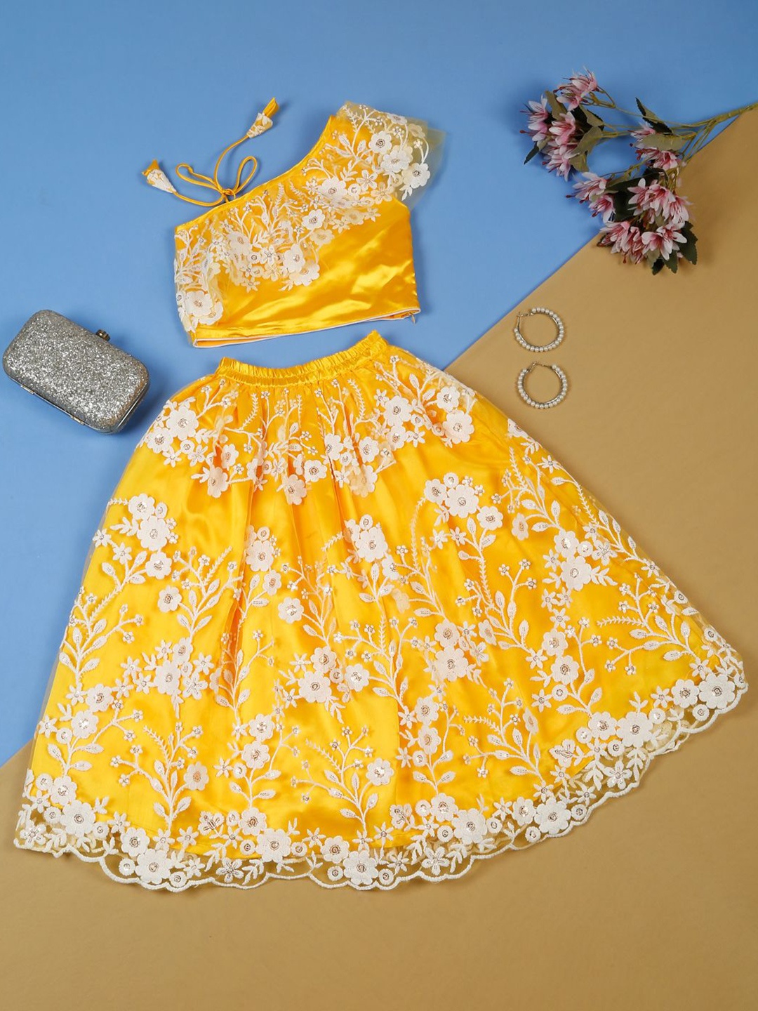 

SAKA DESIGNS Girls Embroidered Thread Work Ready to Wear Lehenga &, Yellow