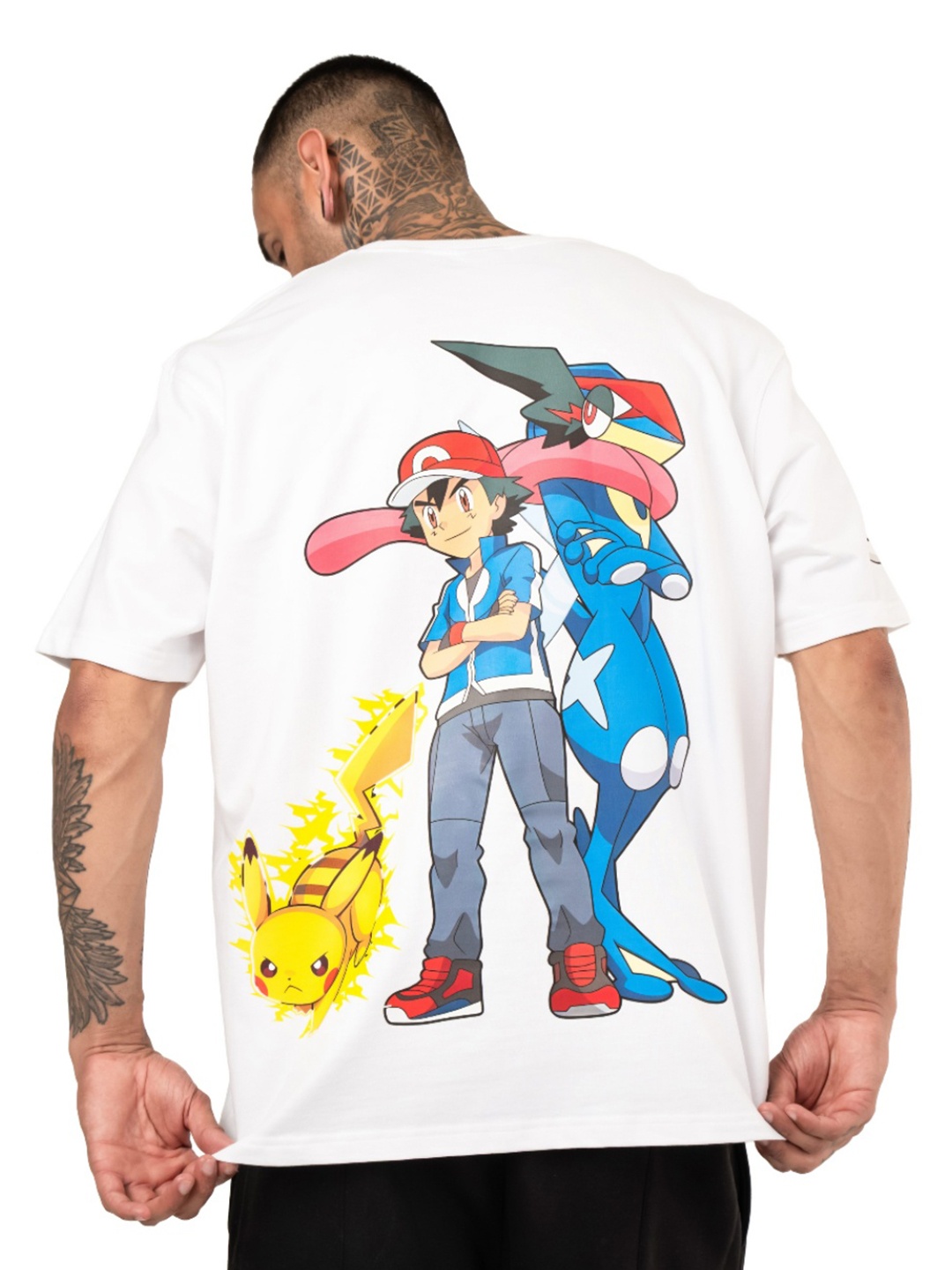 

RHINO CULT Men Pokemon Graphic Printed Round Neck Cotton Oversized T-shirt, White