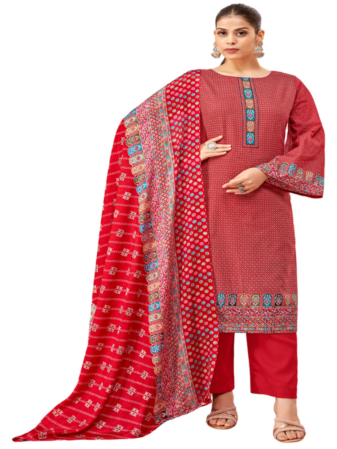 

DRAVINAM Floral Printed Pure Cotton Unstitched Dress Material, Red