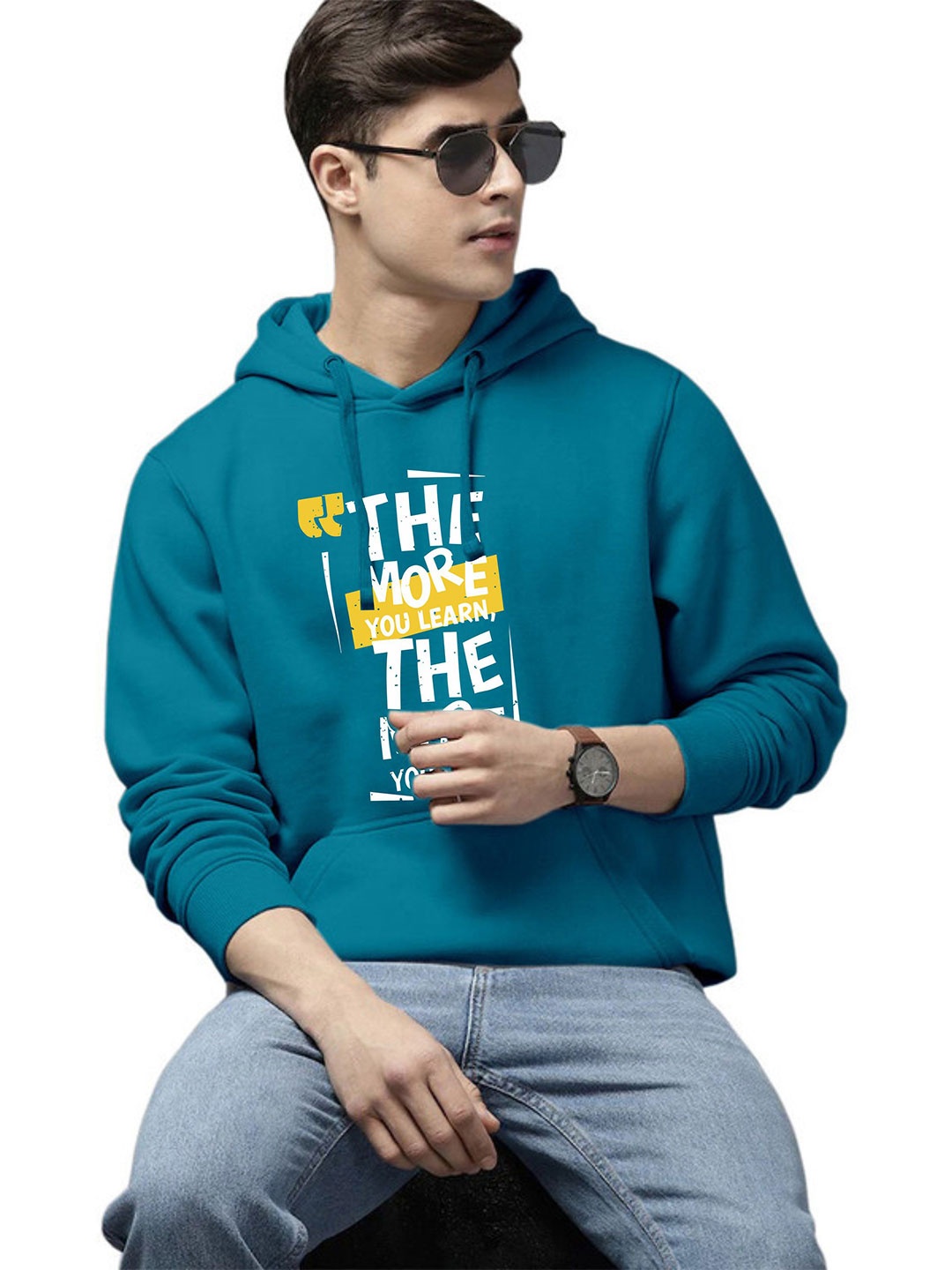 

WOOSTRO Men Printed Hooded Sweatshirt, Teal