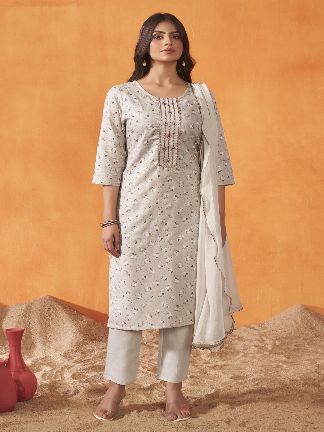 

Anouk Floral Printed Thread Work Round Neck Kurta With Trousers And Dupatta, Beige