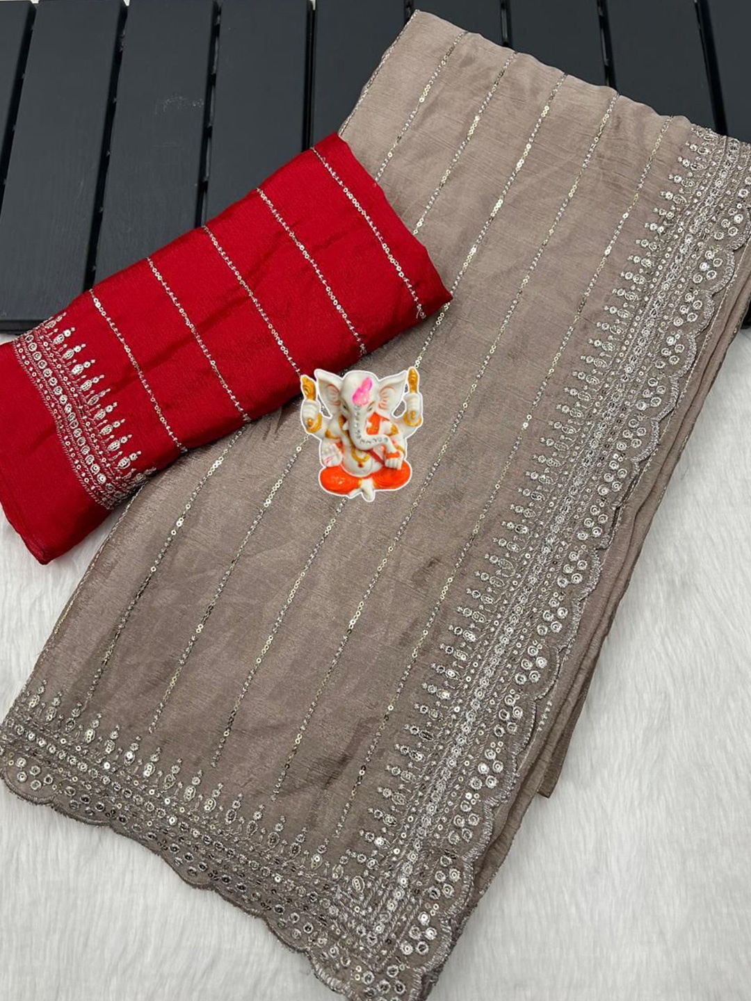 

PAYAL CREATION Striped Embellished Sequinned Pure Georgette Banarasi Saree, Grey