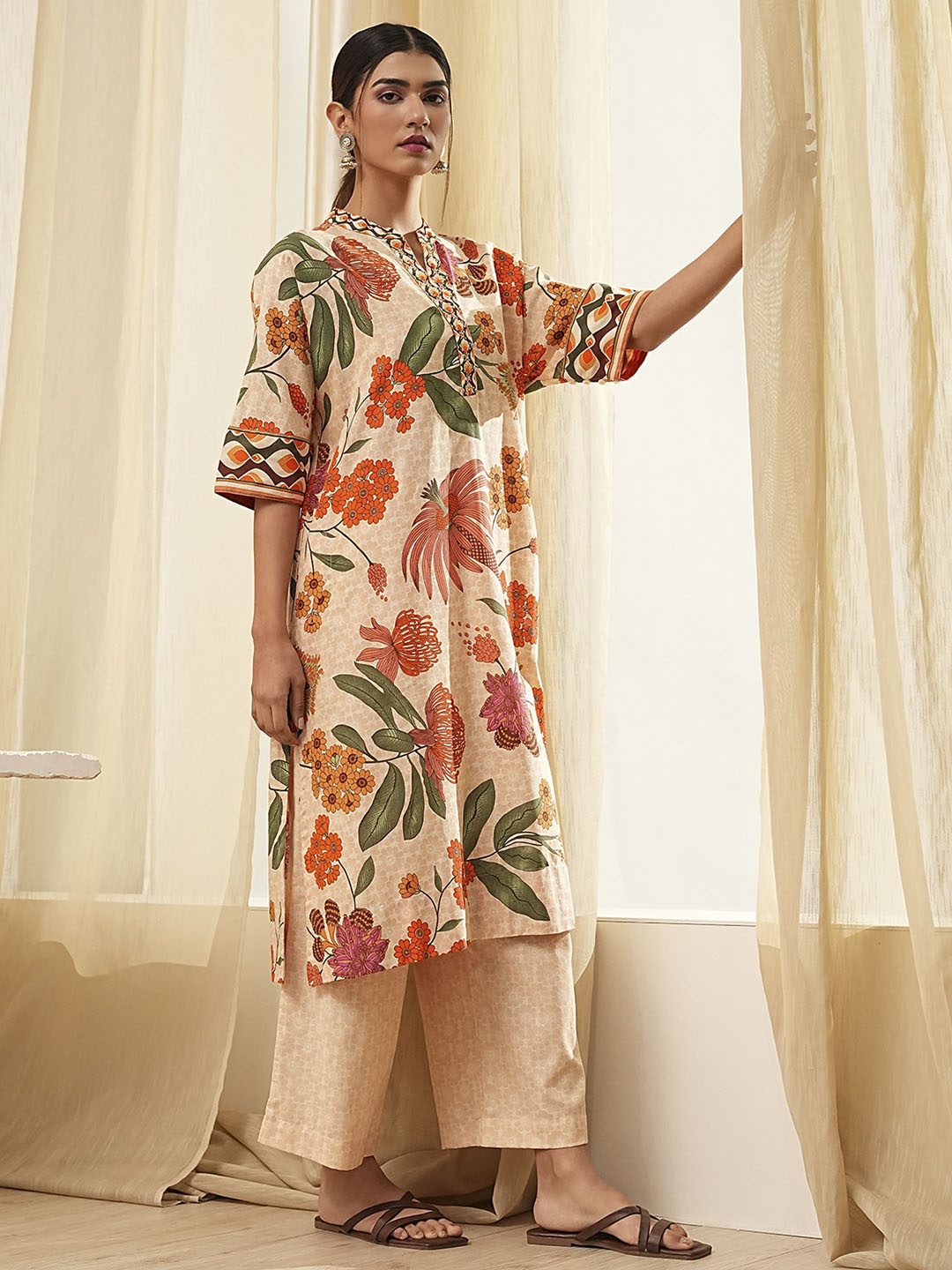 

Biba Women Floral Printed Regular Kurta with Palazzos, Beige
