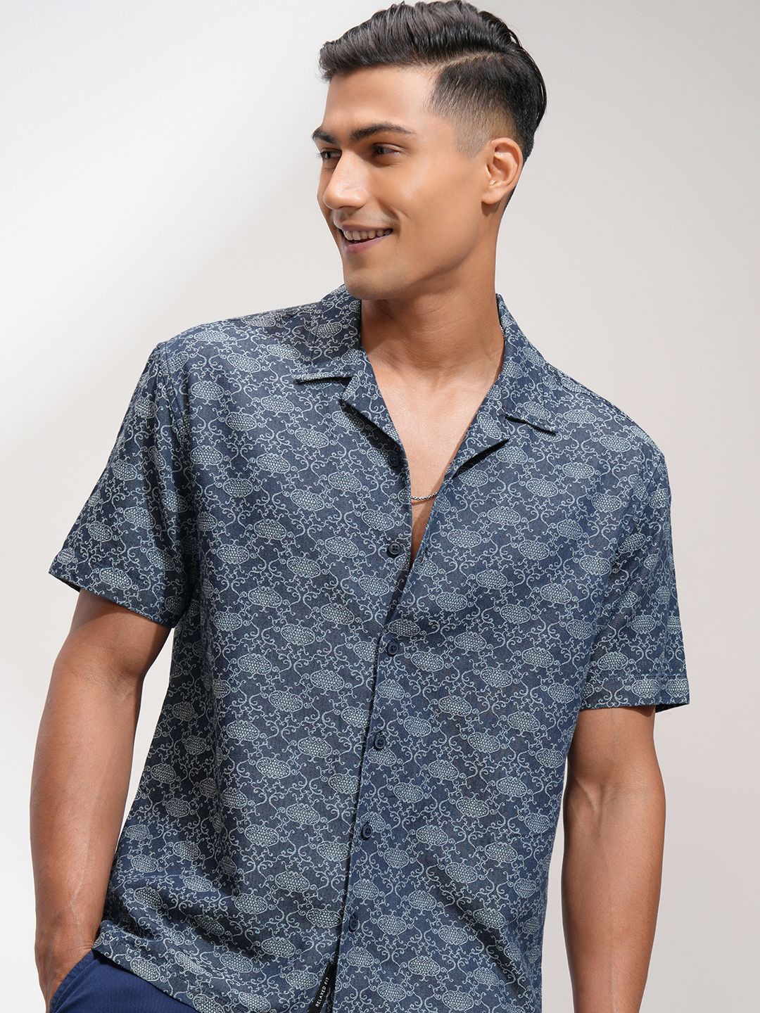 

Locomotive Men Washed Dobby Textured Striped Mandarin Collar Casula Shirt, Blue