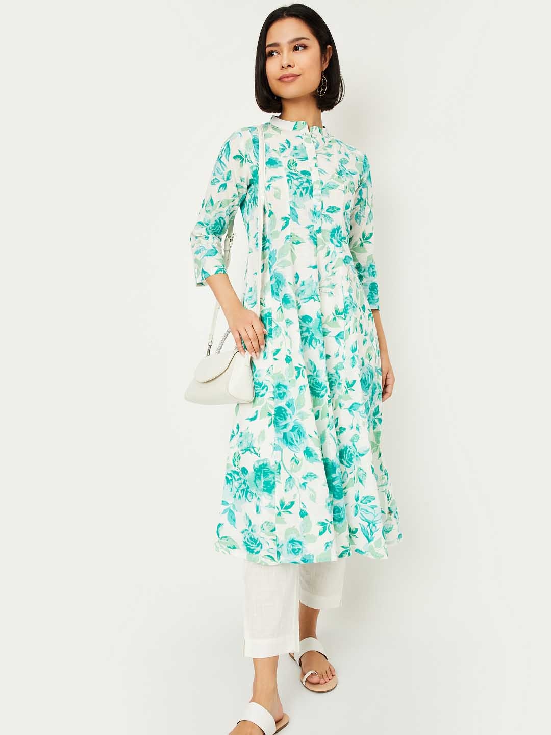 

max Floral Printed Mandarin Collar A-Line Kurta With Trousers, Turquoise blue