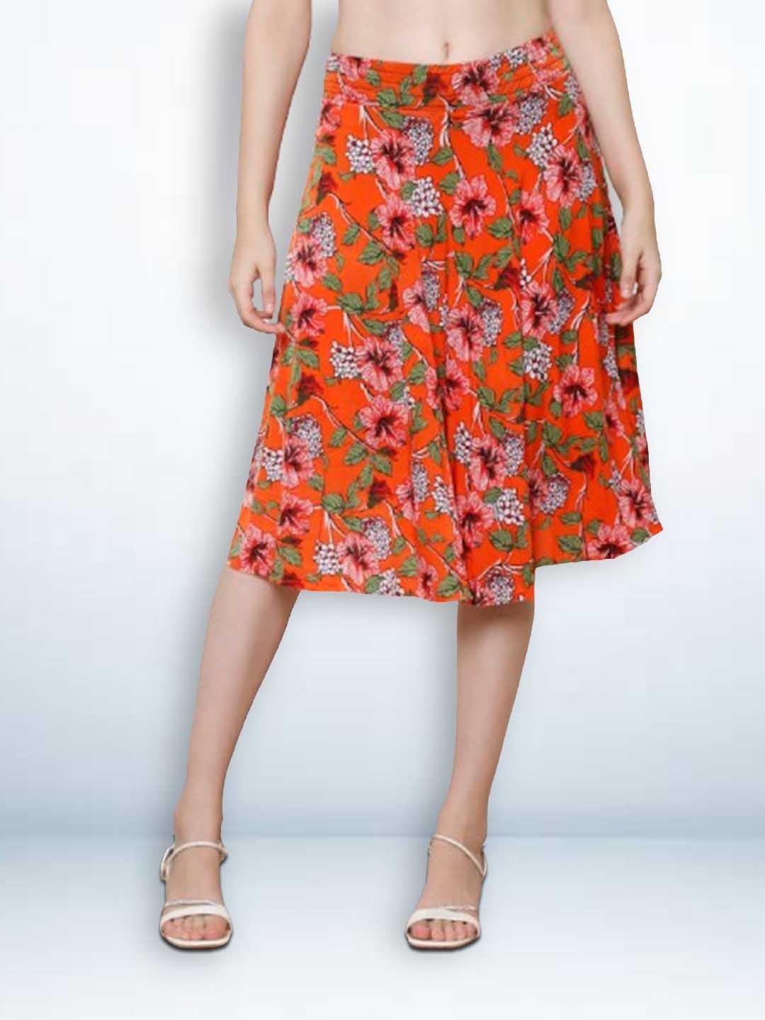 

Jinfo Women Floral Printed Flared Skirt With Inner Shorts, Orange