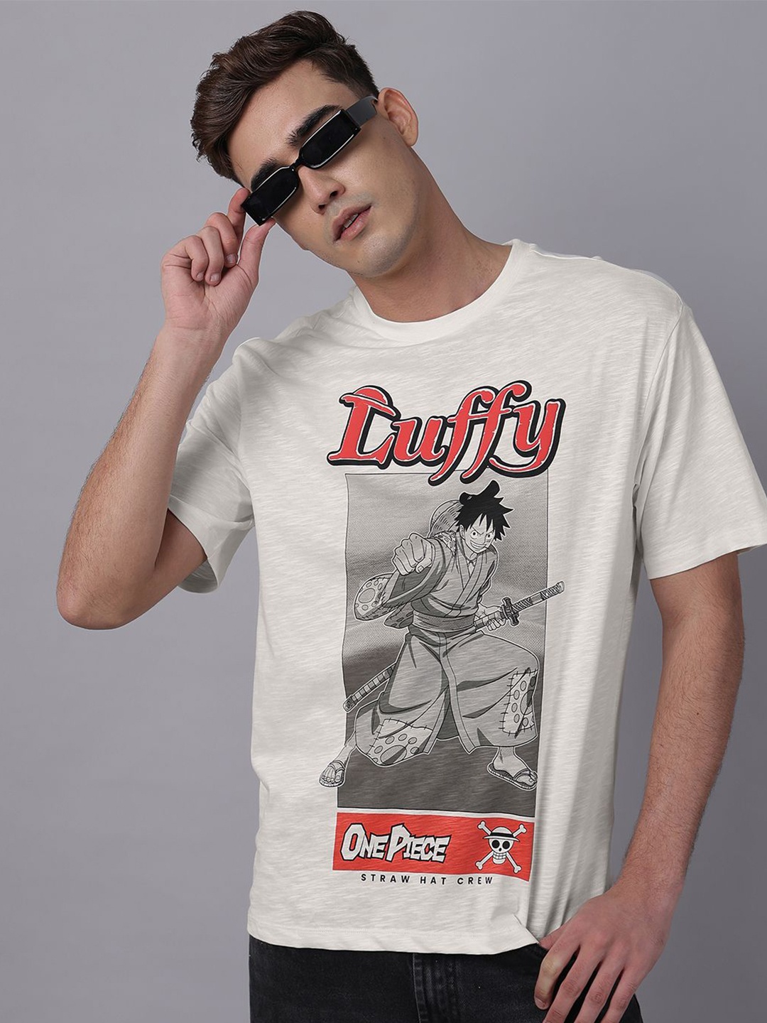 

Free Authority Luffy Printed Pure Cotton Oversized Fit Short Sleeve T-Shirt, Off white