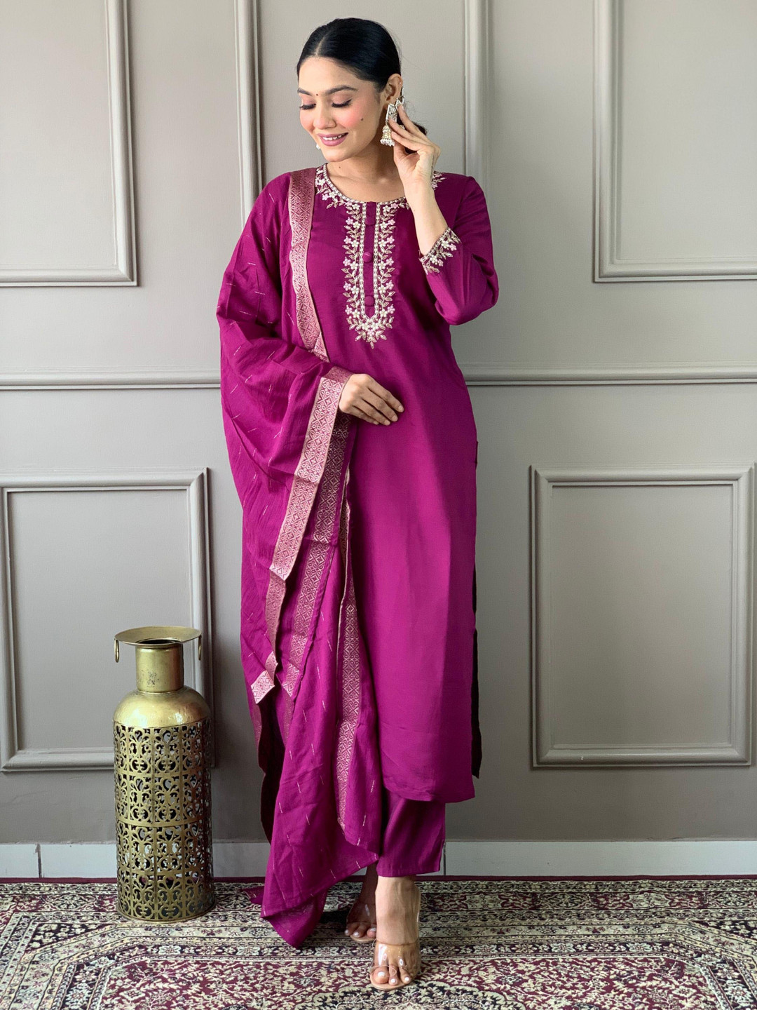 

KALINI Women Embroidered Regular Thread Work Chanderi Silk Kurta with Trousers & With Dupatta, Purple