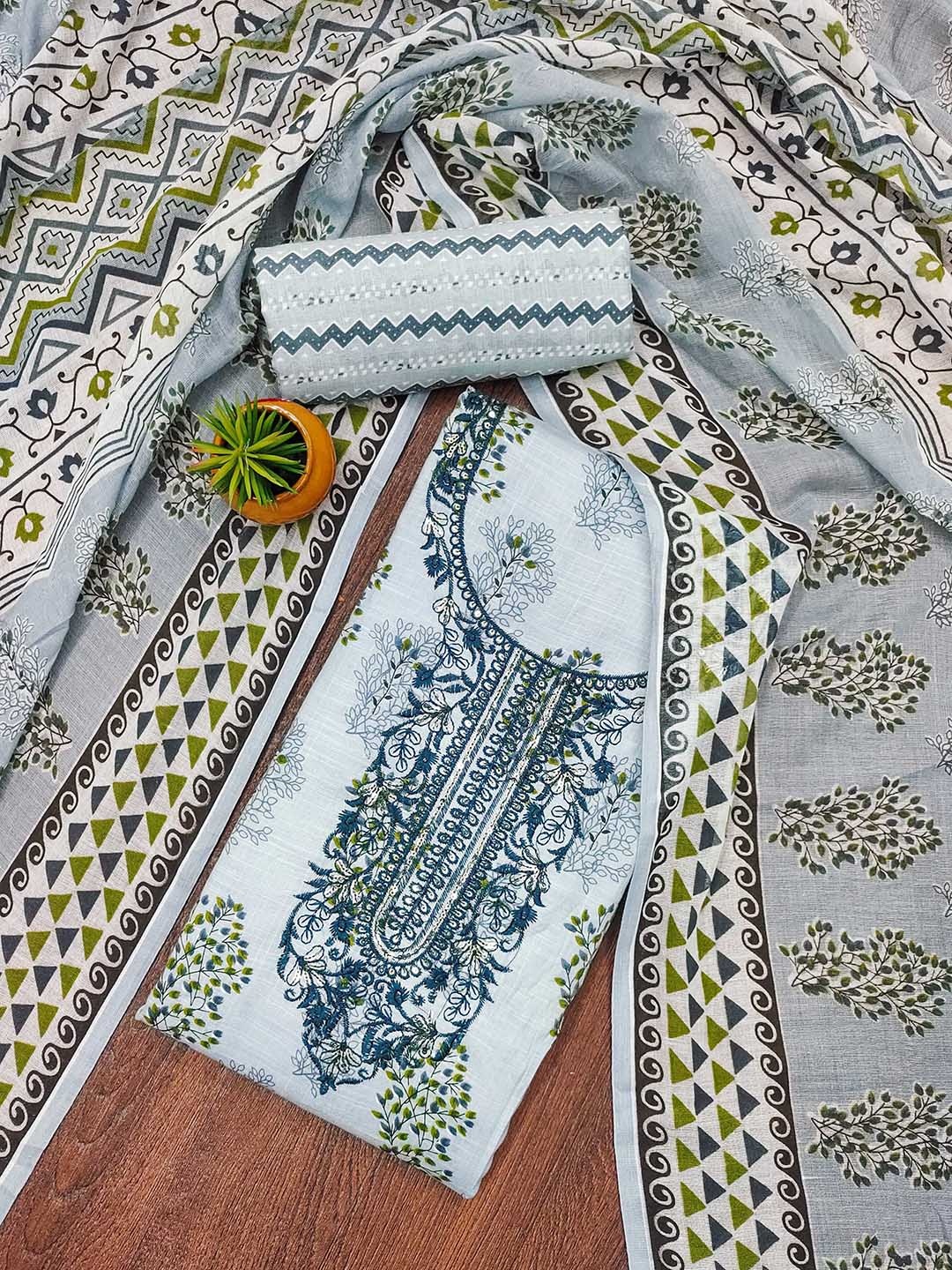 

Maroosh Floral Embroidered Cotton Unstitched Dress Material, Grey