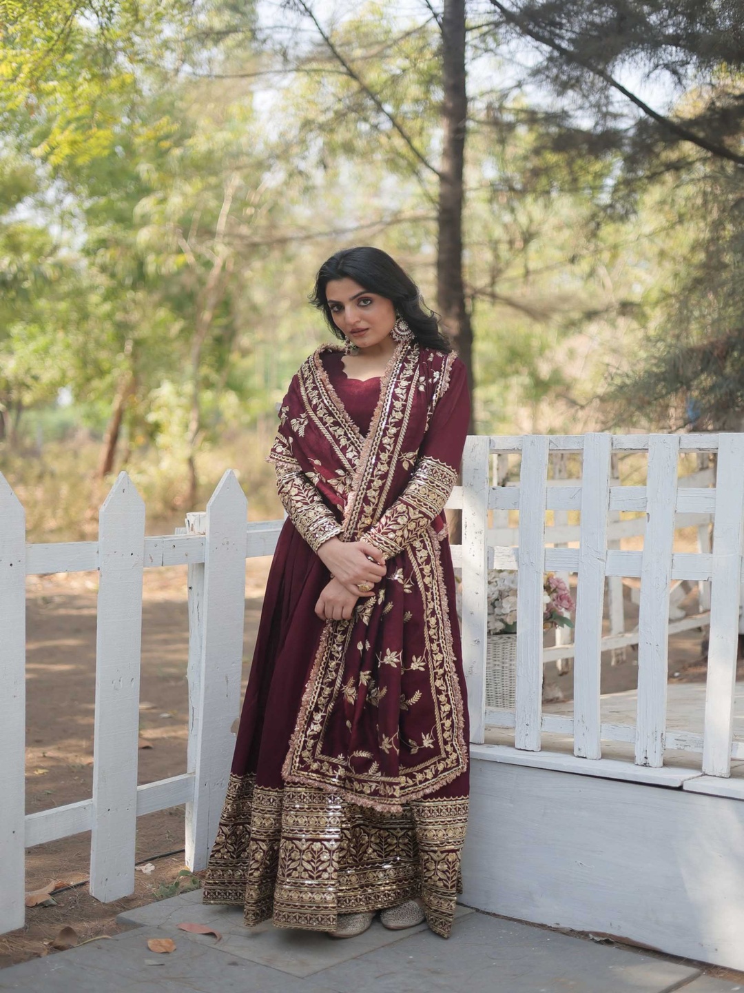 

mimi design Floral Embroidered Zari Empire Anarkali Kurta With Trouser & Dupatta, Maroon