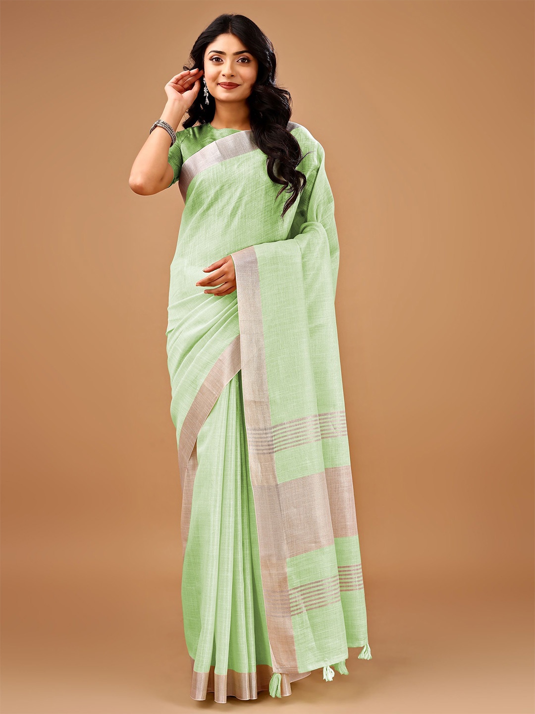 

PURI MAA Zari Linen Blend Kota Saree, Green