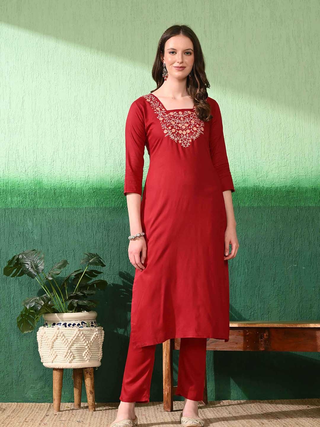 

Mesqlu Women Floral Yoke Design Regular Thread Work Kurti with Trousers & With Dupatta, Red