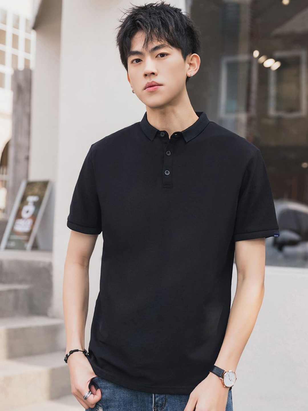 

StyleCast x Revolte Men Solid Polo Collar Cotton T-shirt, Black