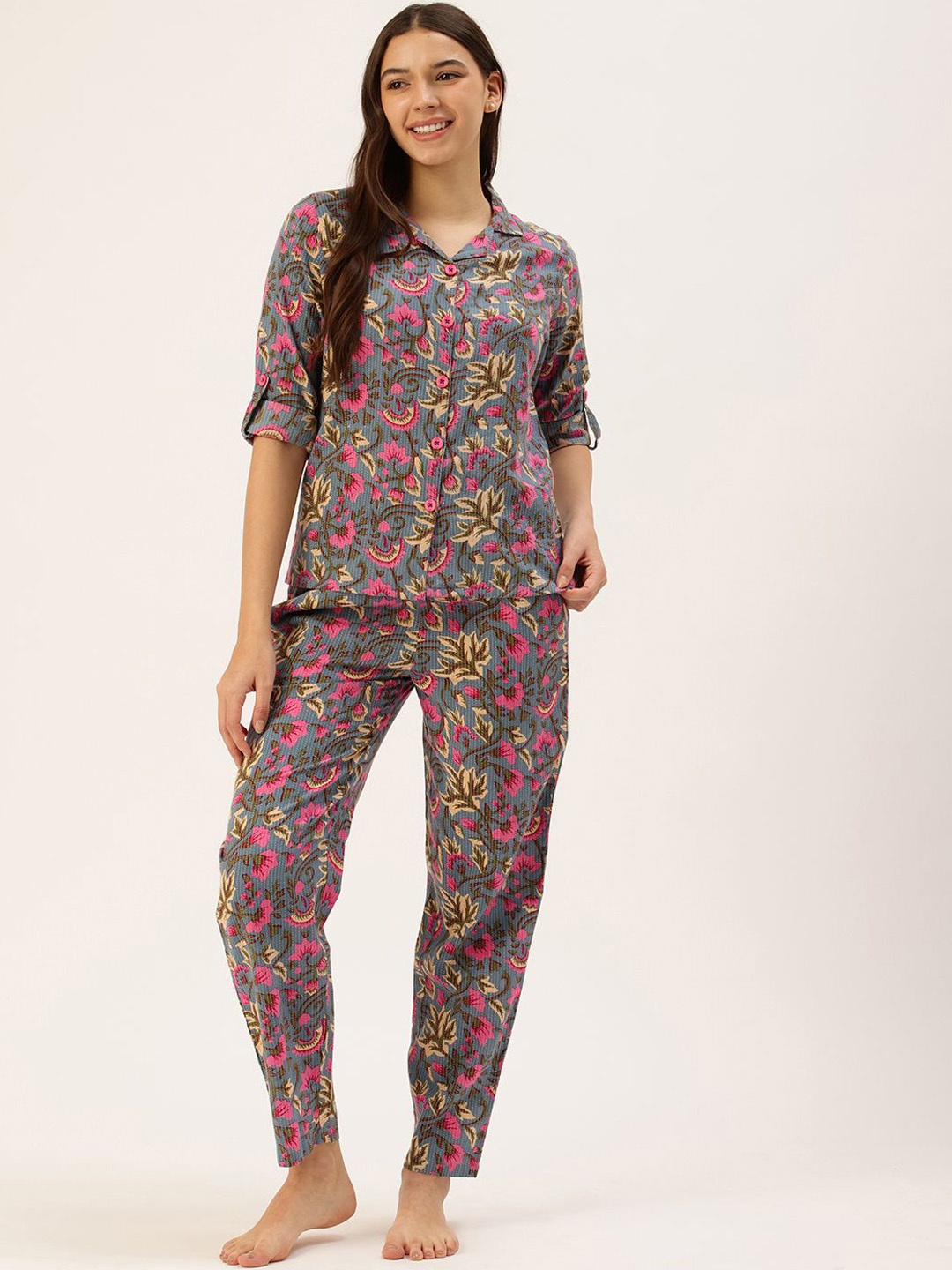 

Clt.s Women Floral Printed Pure Cotton Night Suit, Blue
