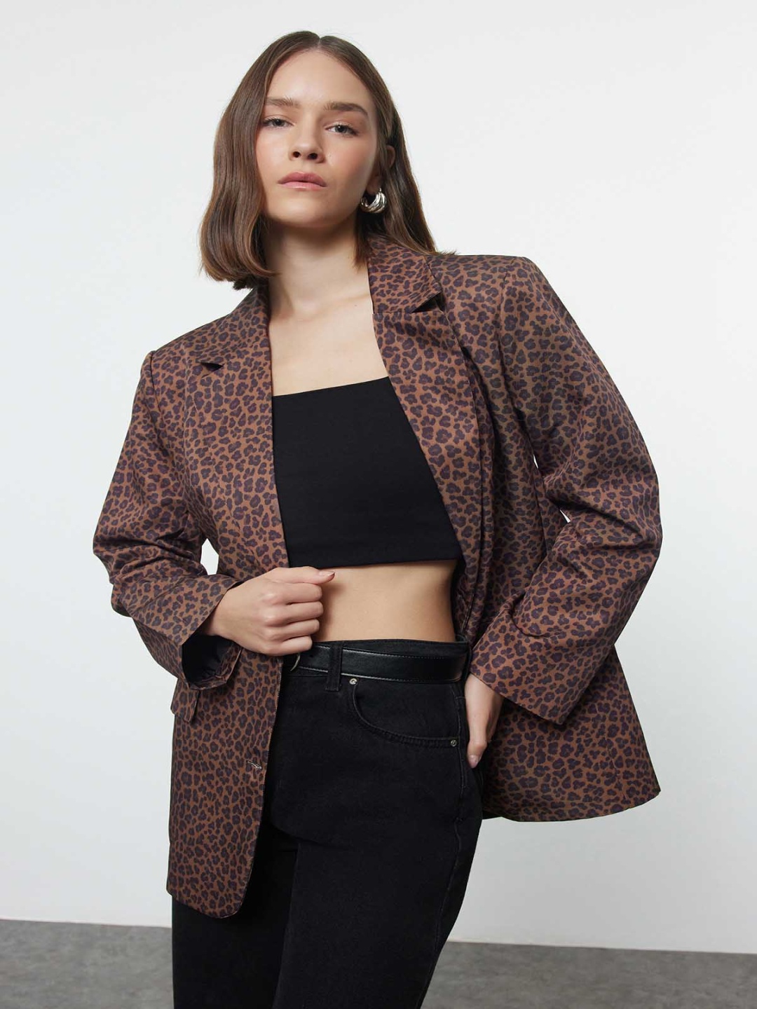 

Trendyol Women Lapel Collar Animal Printed Casual Tailored Jacket, Brown