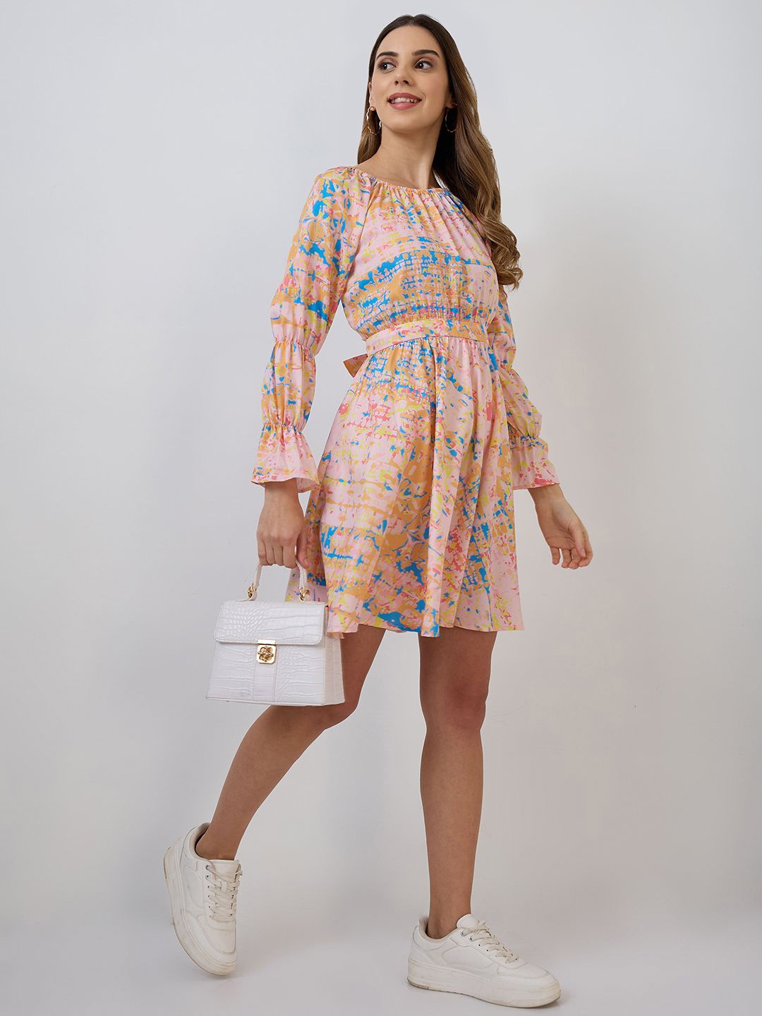 

Amarasha Women Printed Puff Sleeves Fit & Flare Dress, Peach