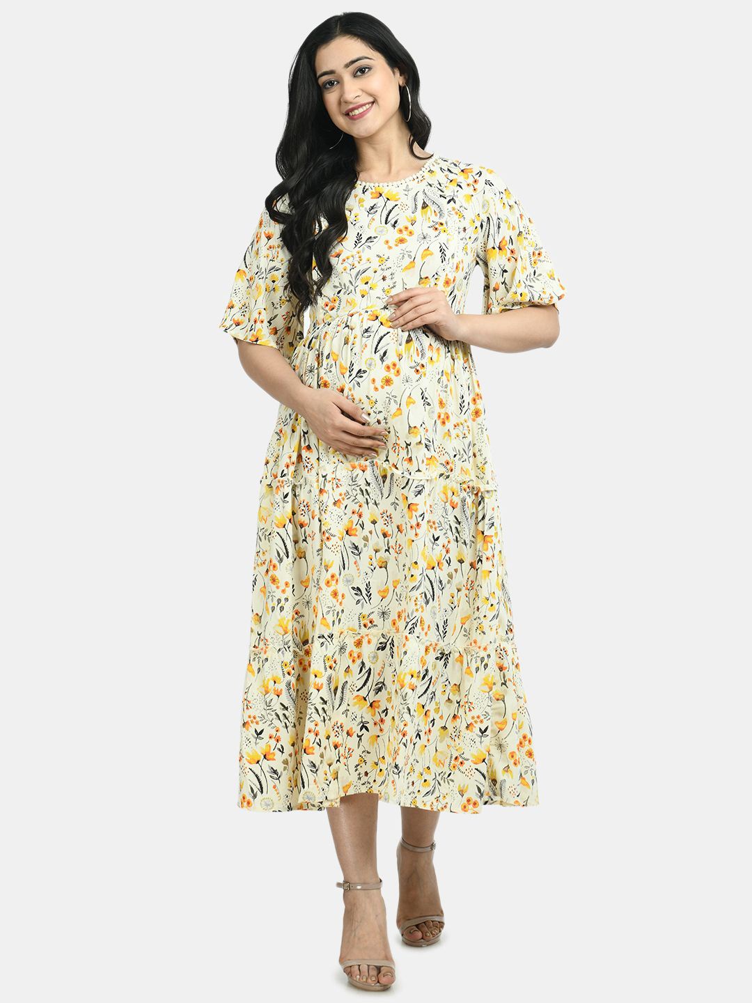 

Aaruvi Ruchi Verma Floral Print Cold-Shoulder Maternity A-Line Midi Dress, Off white