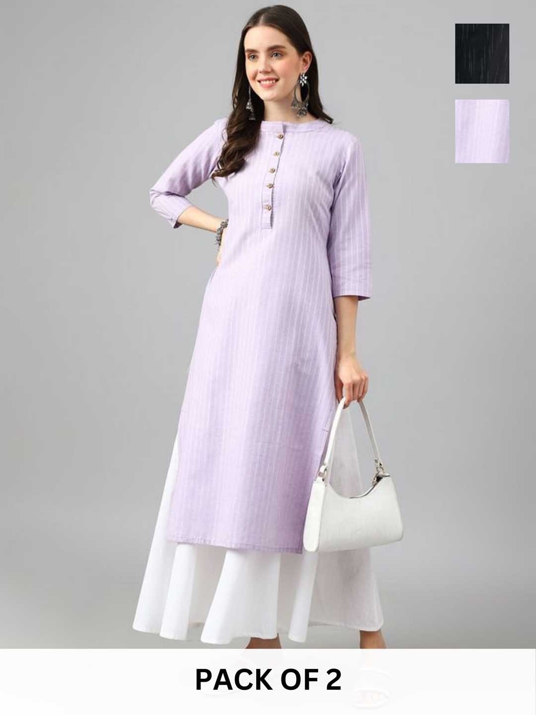 

KALINI Selection Of 2 Striped Mandarin Collar Straight Kurtas, Lavender