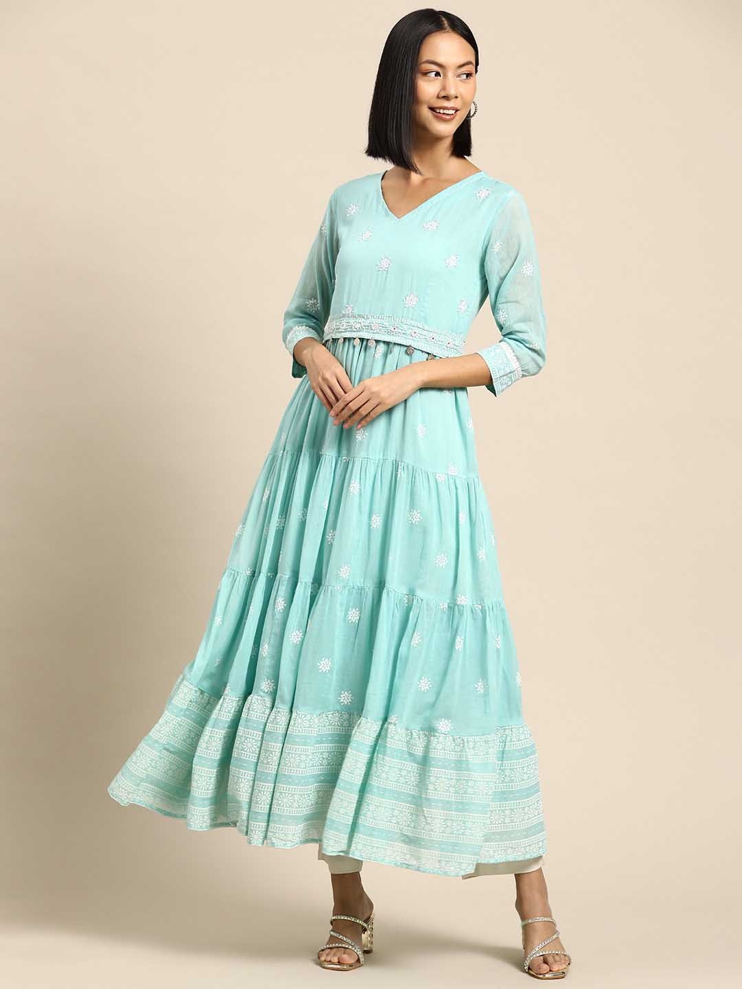

INDYES Floral Printed V-Neck Pure Cotton Tiered Anarkali Kurta, Turquoise blue