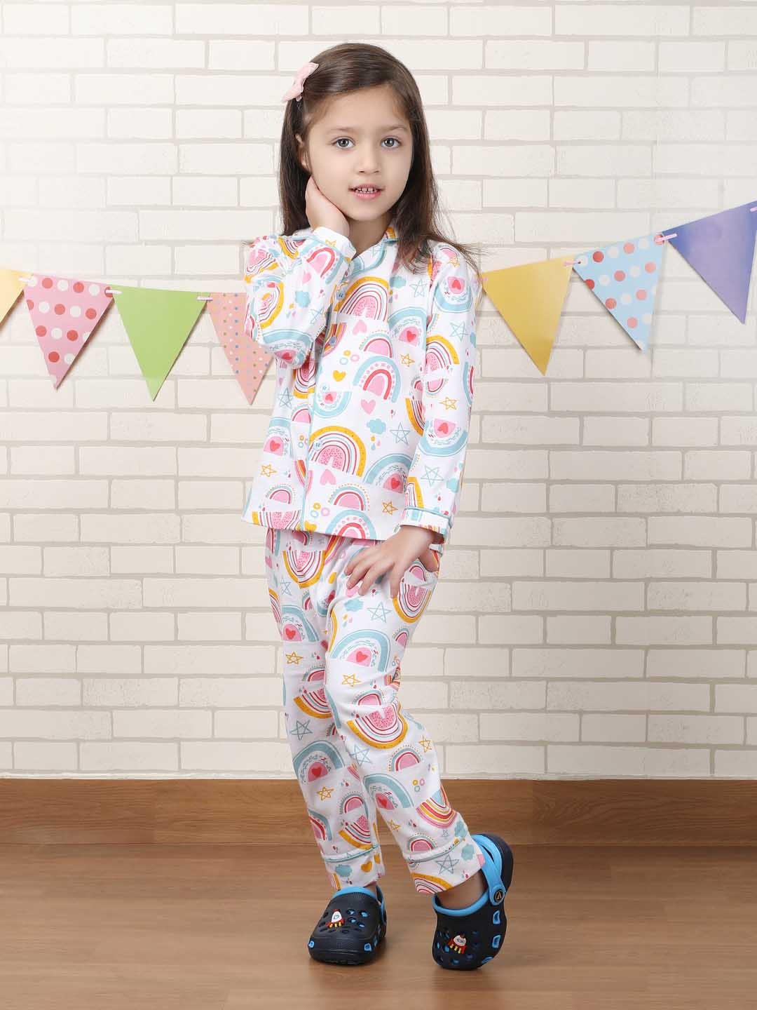 

Polka Tots Girls Printed Pure Cotton Night suit, White