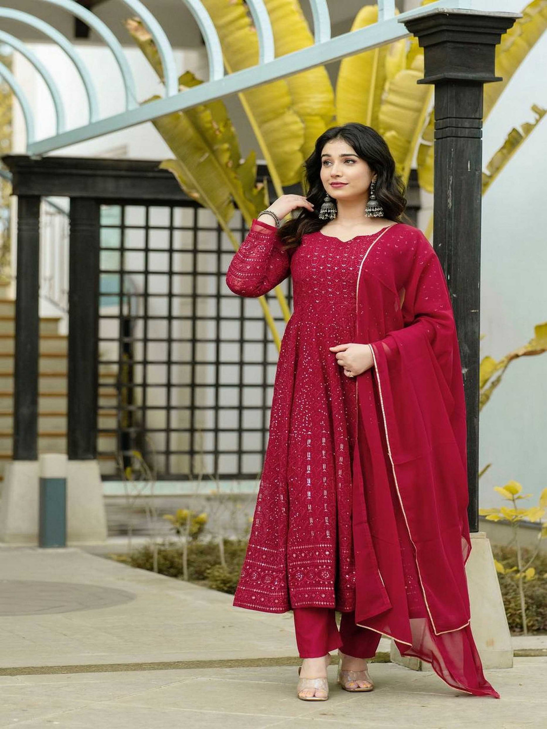 

ZEEPKART Women Regular Silk Georgette Kurta with Trousers & With Dupatta, Pink