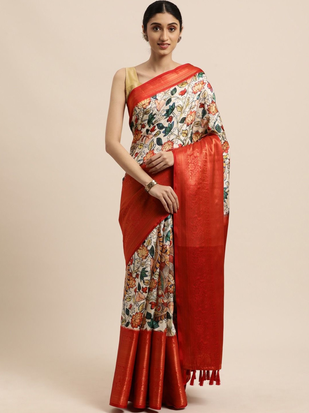 

LeeliPeeri Designer Floral Zari Silk Blend Saree, White