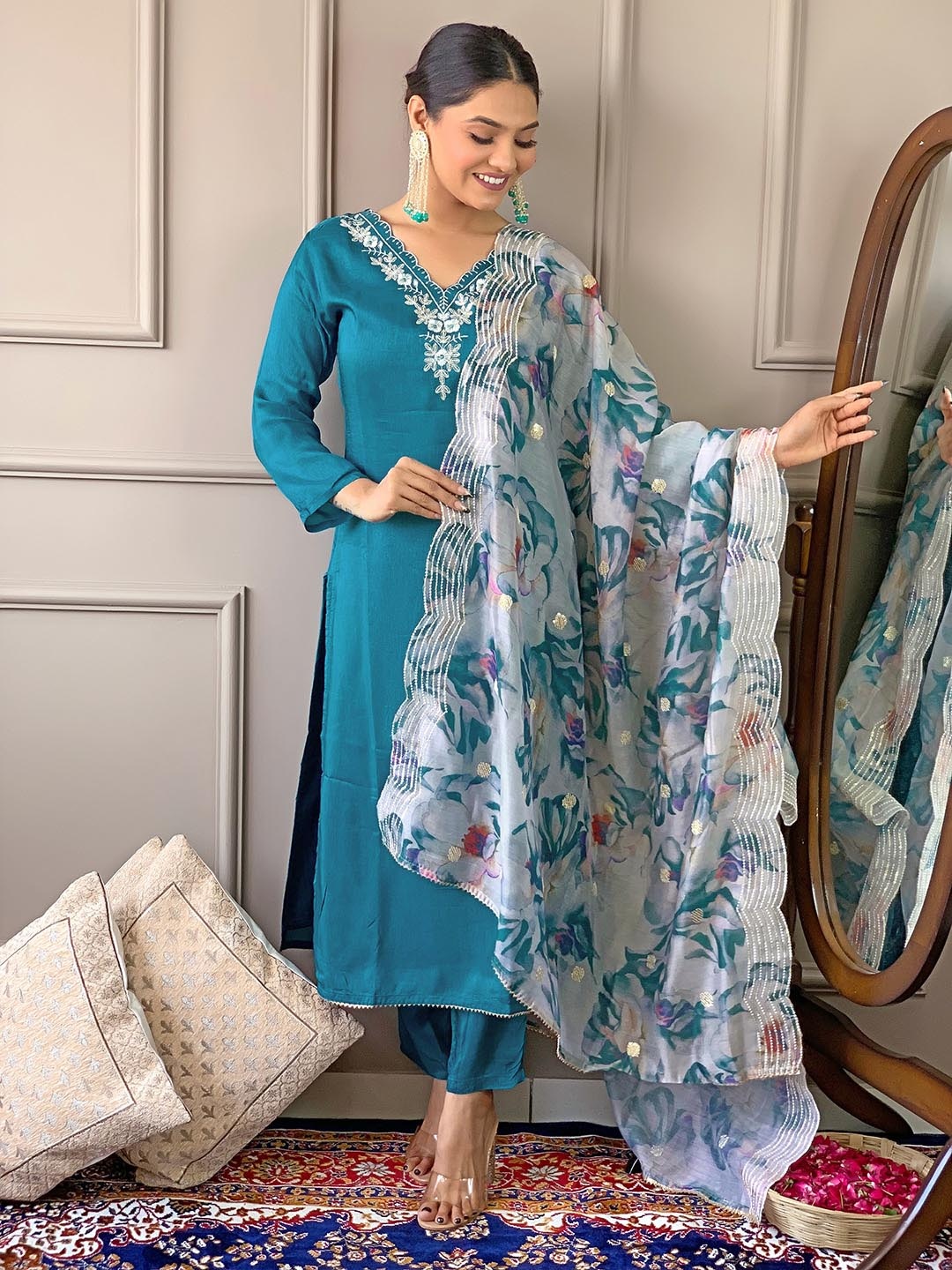 

KALINI Floral Embroidered V-Neck Straight Kurta With Trouser And Dupatta, Teal