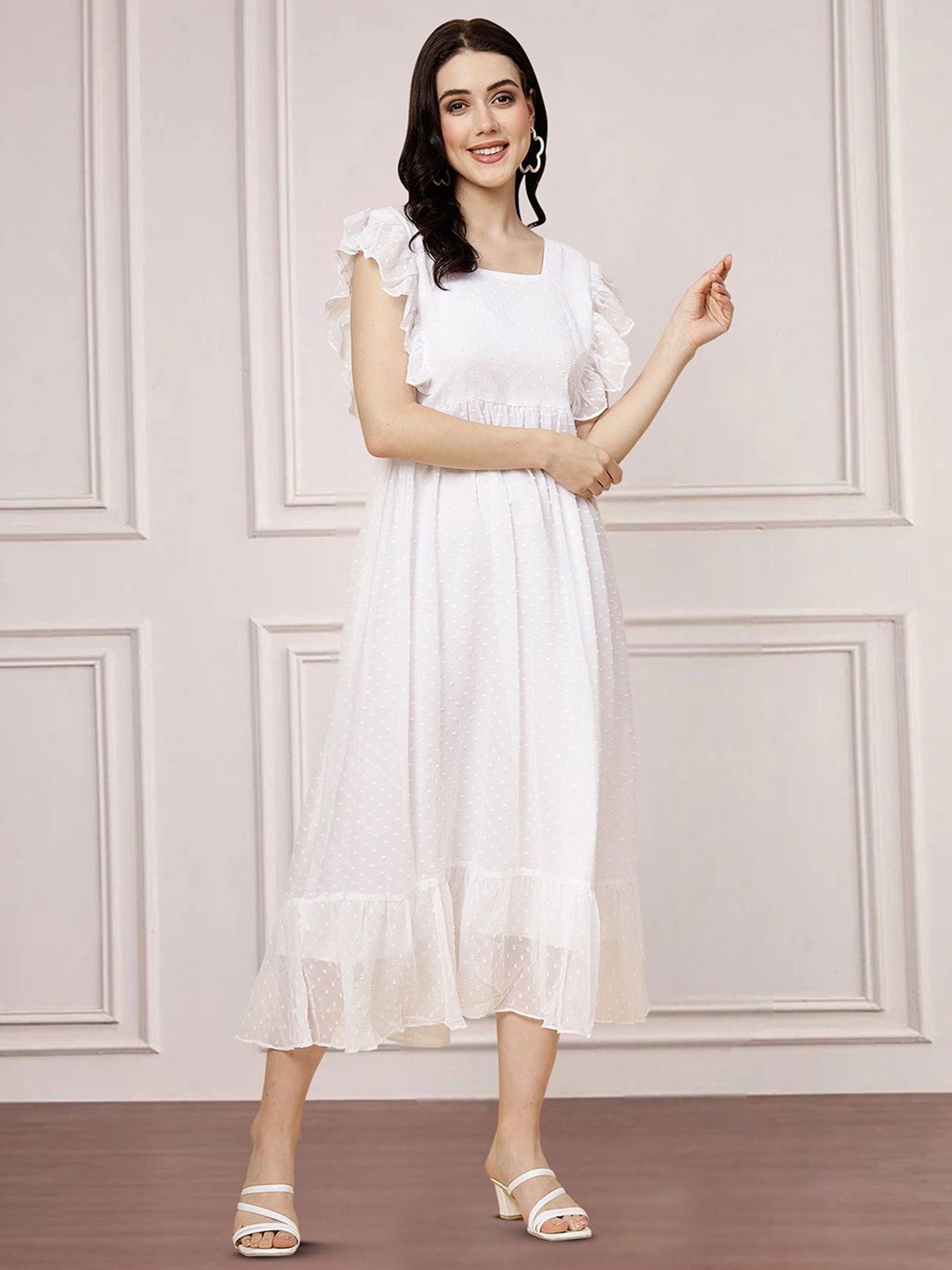

MISS AYSE Square Neck Flutter Sleeves Cotton Fit & Flare Midi Dress, White
