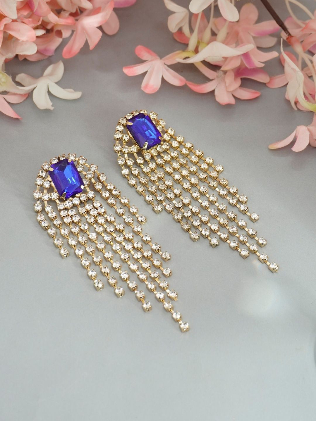 

Niscka Rodium-Plated American Diamond Stones Studded Contemporary Shaped Drop Earrings, Blue