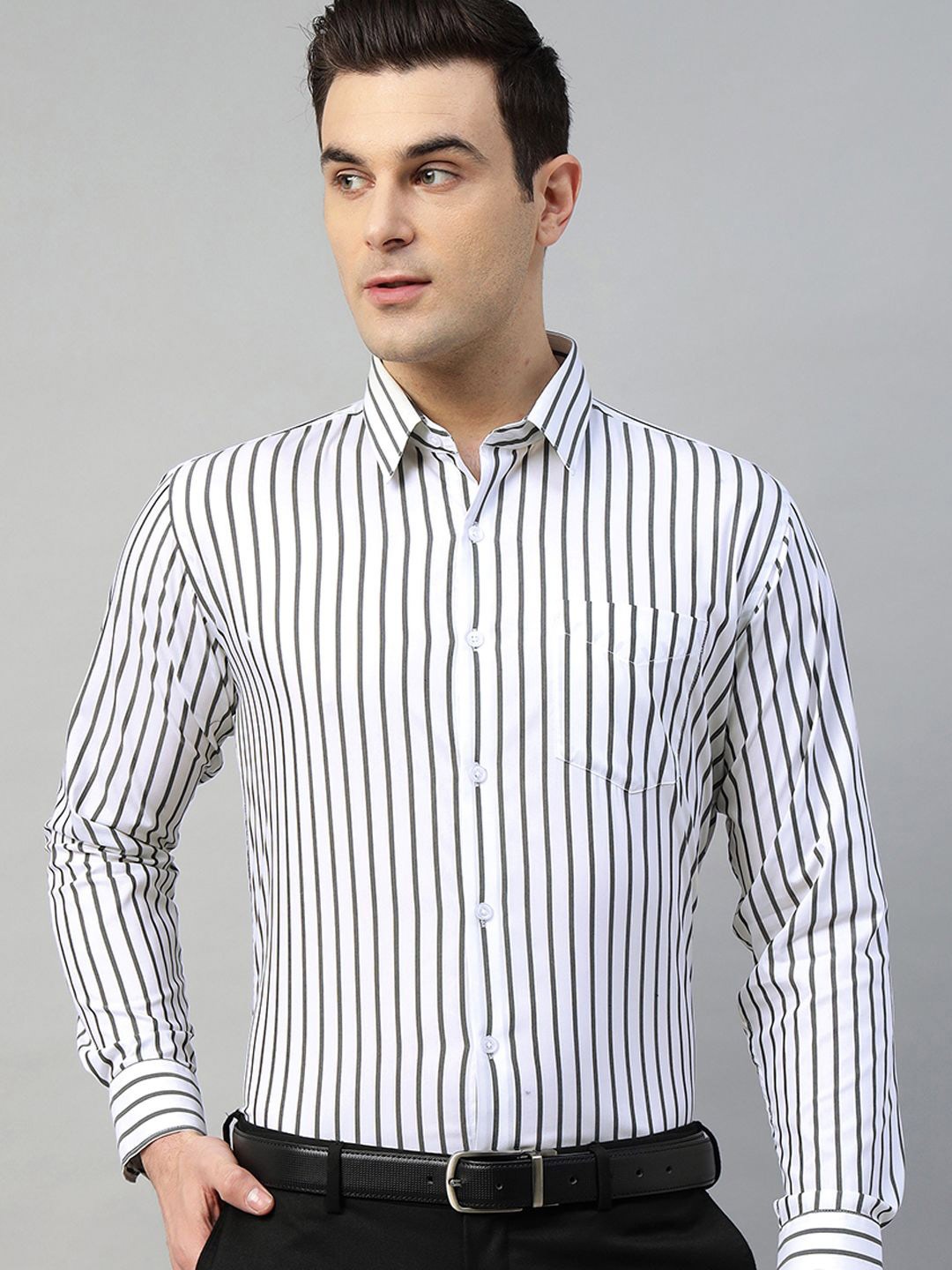 

Hancock Men Vertical Striped Wrinkle Ressistant Slim Fit Formal Shirt, White