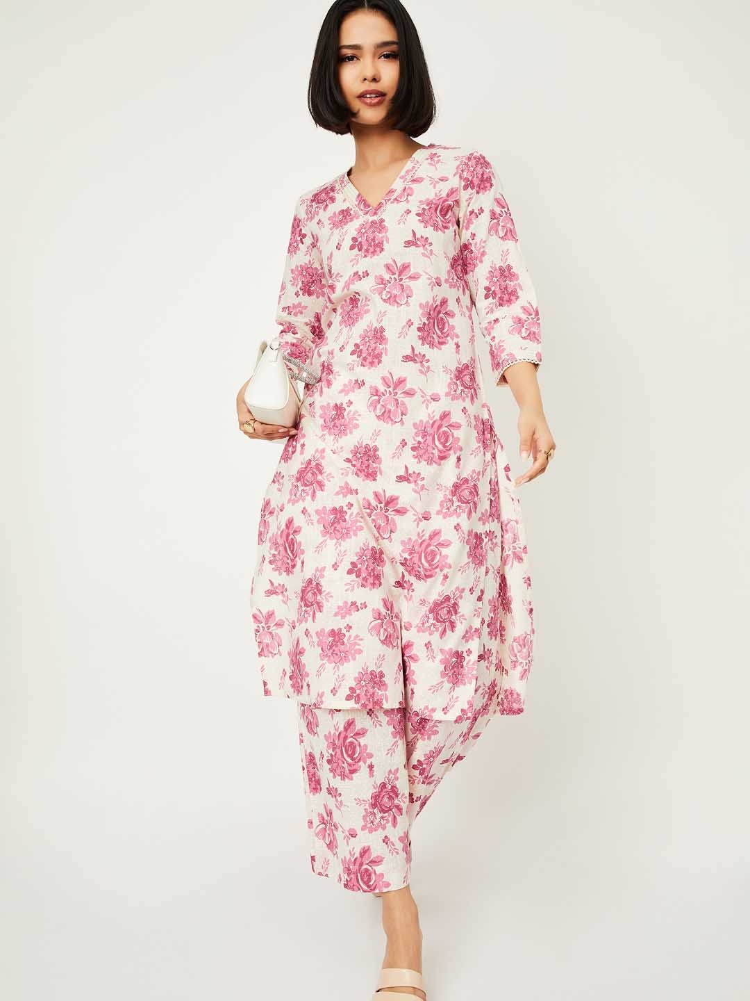 

max Floral Printed V-Neck Pure Cotton Straight Kurta With Trousers, Pink