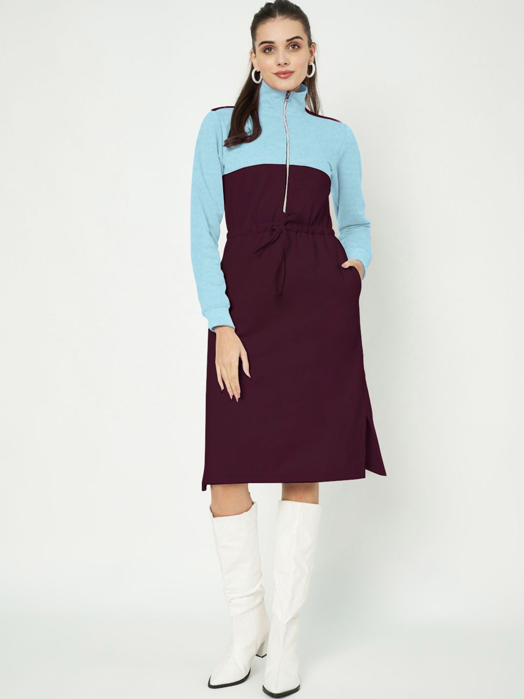 

BRINNS Colourblocked Mock Neck A-Line Dress, Burgundy