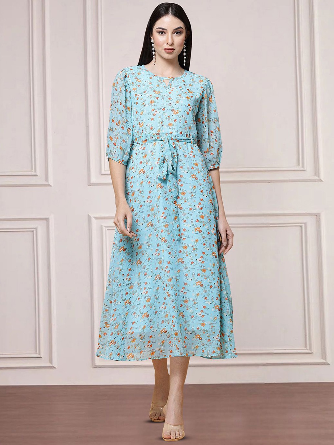 

MISS AYSE Women Floral Printed Cotton Fit & Flare Dress, Blue