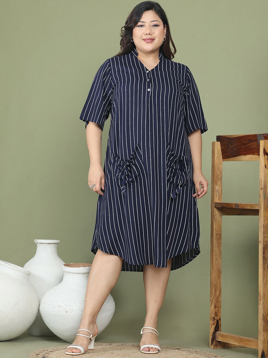 

theRebelinme Women Striped Midi A-Line Dress, Navy blue