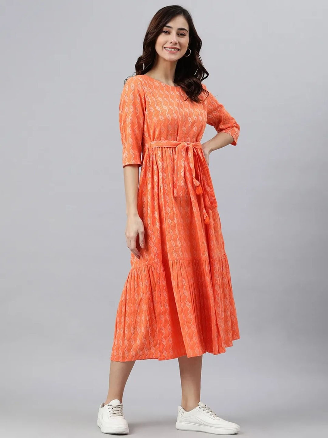 

UNIFY FASHION Geometric Printed Round Neck Pure Cotton Fit And Flare Dress, Orange