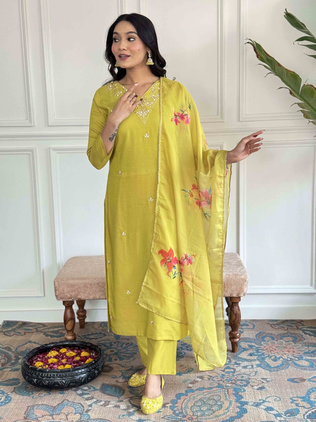 

SHOPONBIT Floral Embroidered V-Neck Thread Work Kurta With Trousers & Dupatta, Lime green