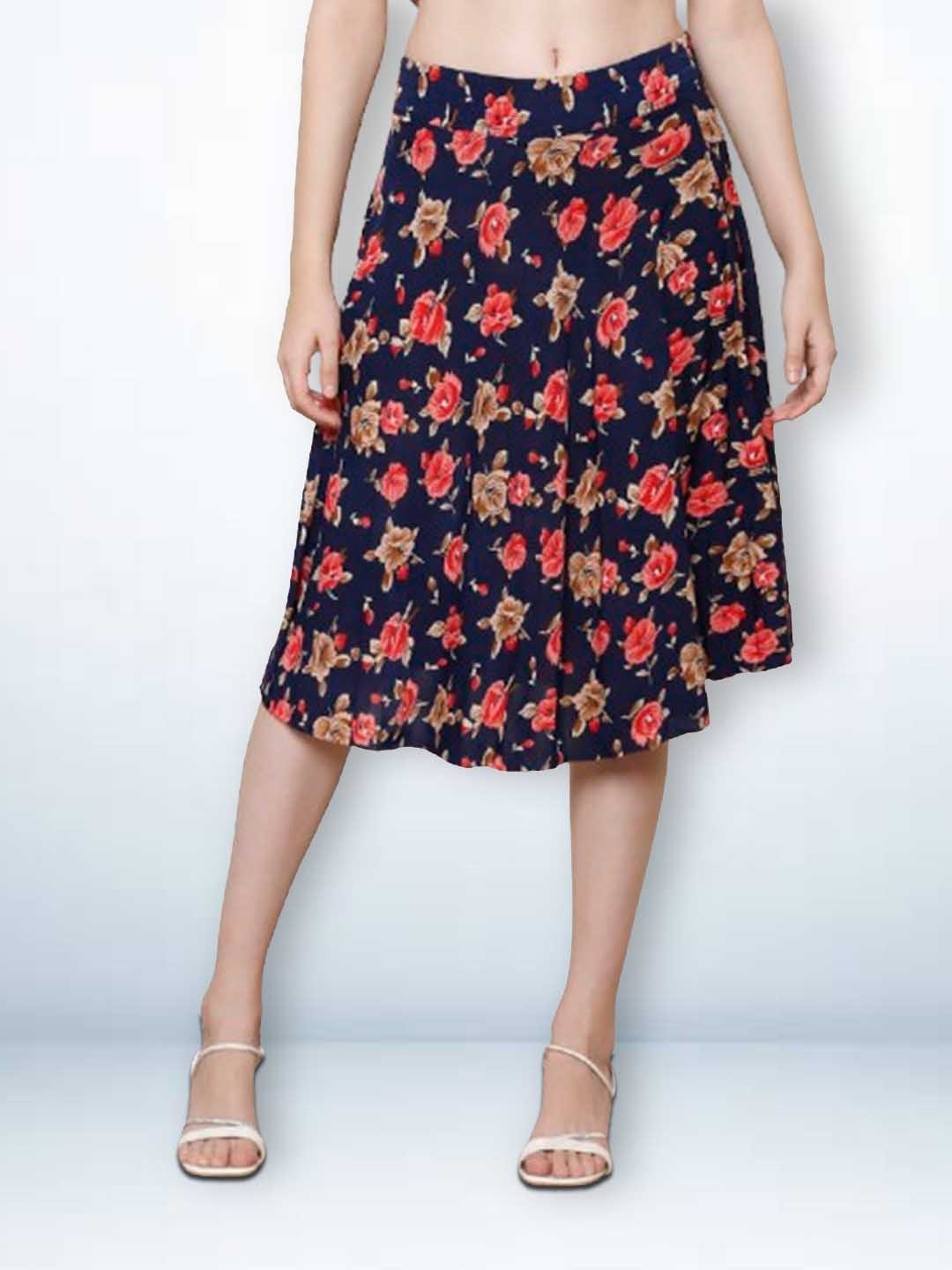 

Jinfo Printed Knee Length Flared Skirt With Attached Shorts, Navy blue